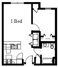 Floor plan for 1 bed, 1 bath, 600 sqft